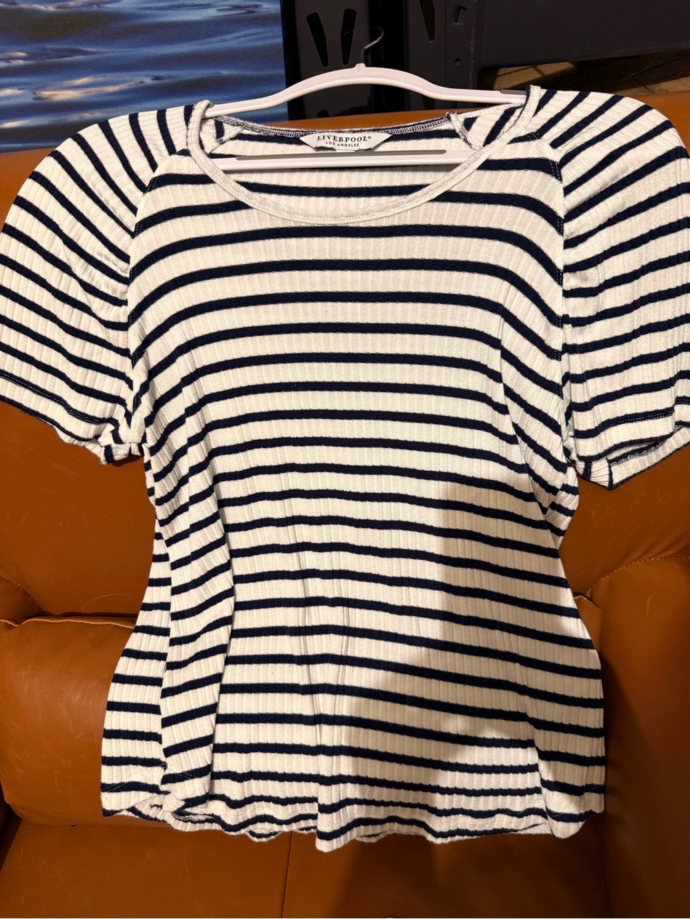Liverpool White and Navy Striped Ribbed Short Sleeve Top
